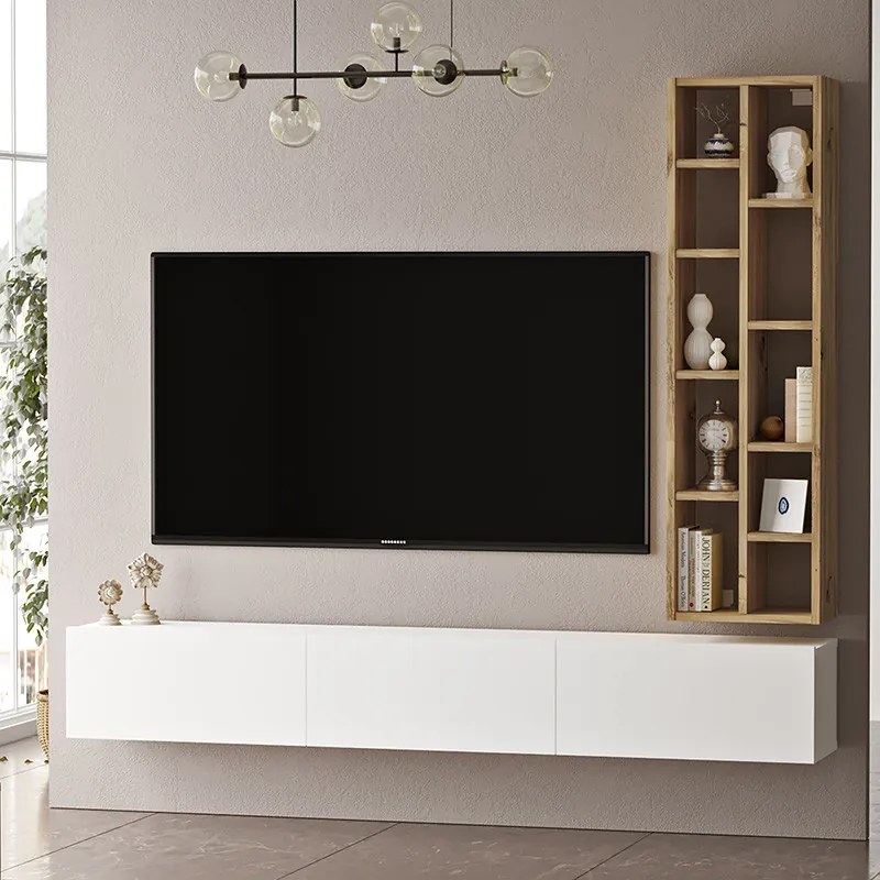 Comoda TV de perete Esmeralda alb - culoare lemn naturala 74.5x27x145cm