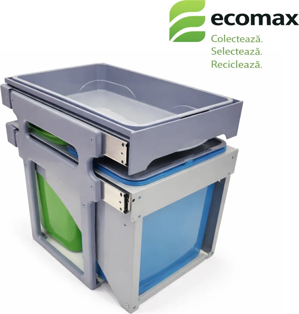 Cos gunoi incorporabil Tank Front 40 Ecomax, cu extragere automata, colectare selectiva, 2 x 16 l Polipropilena, Gri Verde Albastru, H:428 mm; L:339