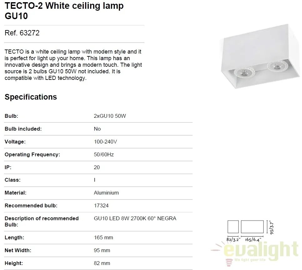 Plafoniera design modern minimalist TECTO-2 alba 63272
