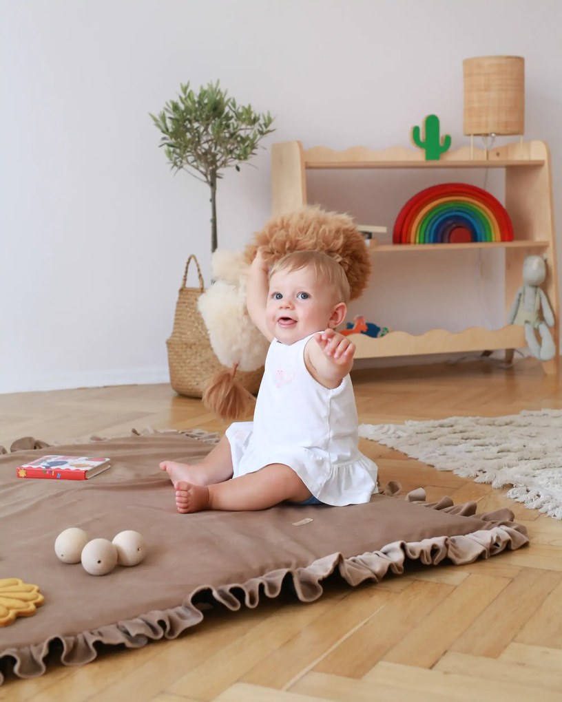 Covor patrat de joaca termoizolant din spuma, pentru copii si bebelusi, pliabil, Catifea Mint cu volanas, 100x100cm