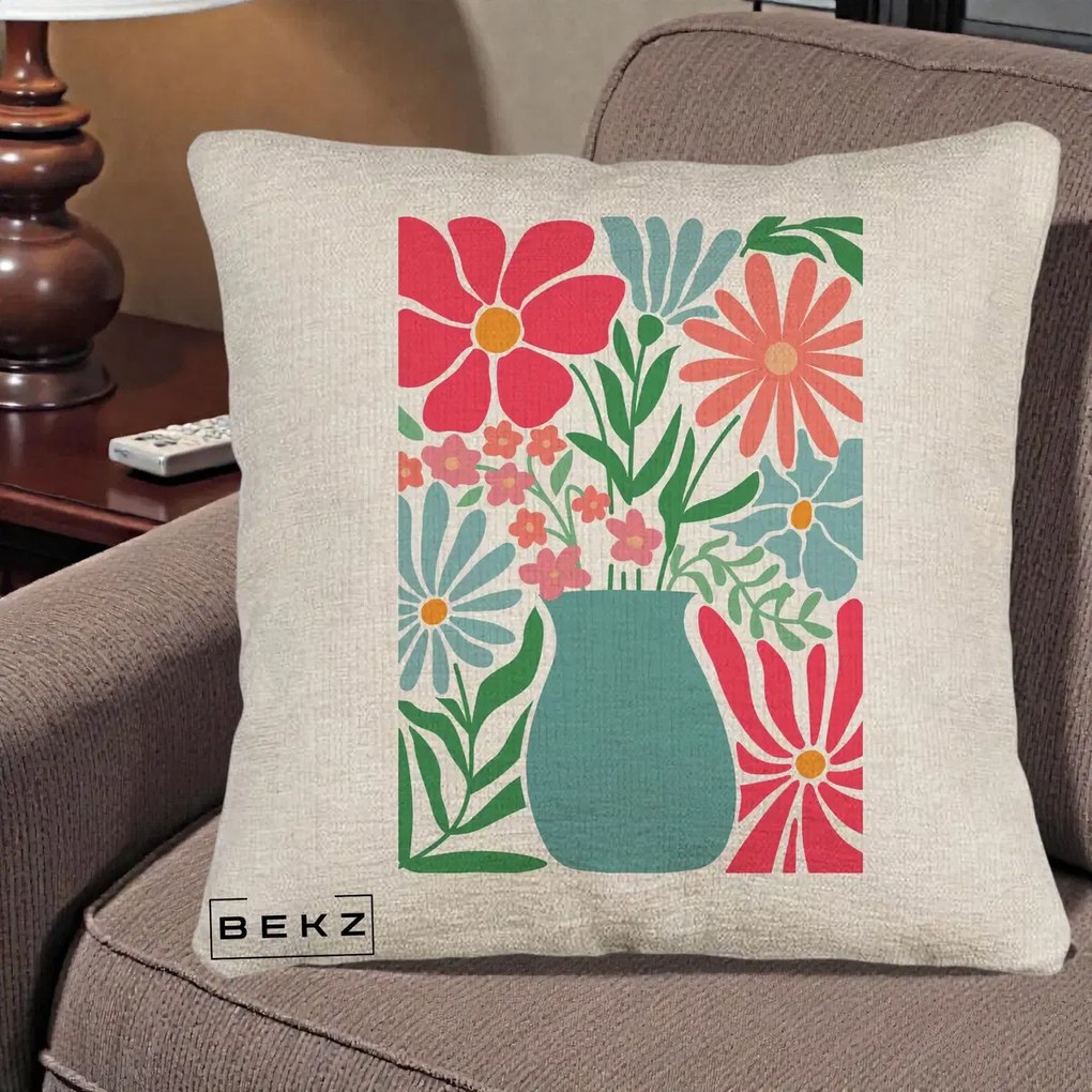 Perna Decorativa Flori in Vaza Turcoaz, 40x40 cm, Bej Canapea, Husa Detasabila, Perna Inclusa, BEKZ®