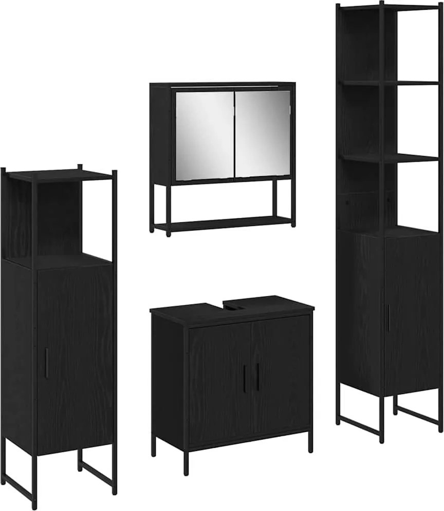 vidaXL Set de mobilier pentru baie cu raft 4 pcs Negru Lemn compozit