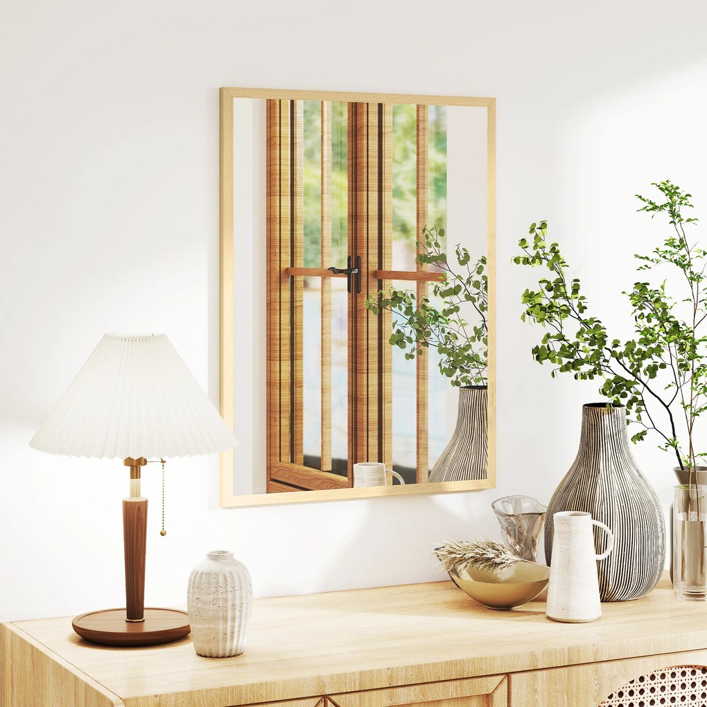 HOMCOM Oglindă de perete dreptunghiulară cu cârlige, din sticlă și MDF, 60x80 cm, finisaj lemn | Aosom Romania