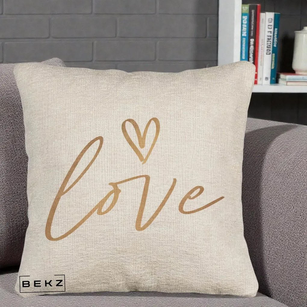 Perna Decorativa Love Caligrafie Aurie, 40x40 cm, Bej Canapea, Husa Detasabila, Perna Inclusa, BEKZ®