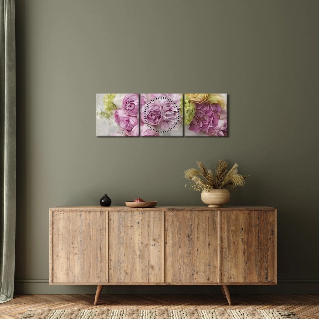 Tablou - Flori pe perete culorile pastel (cu ceas) (90x30 cm)