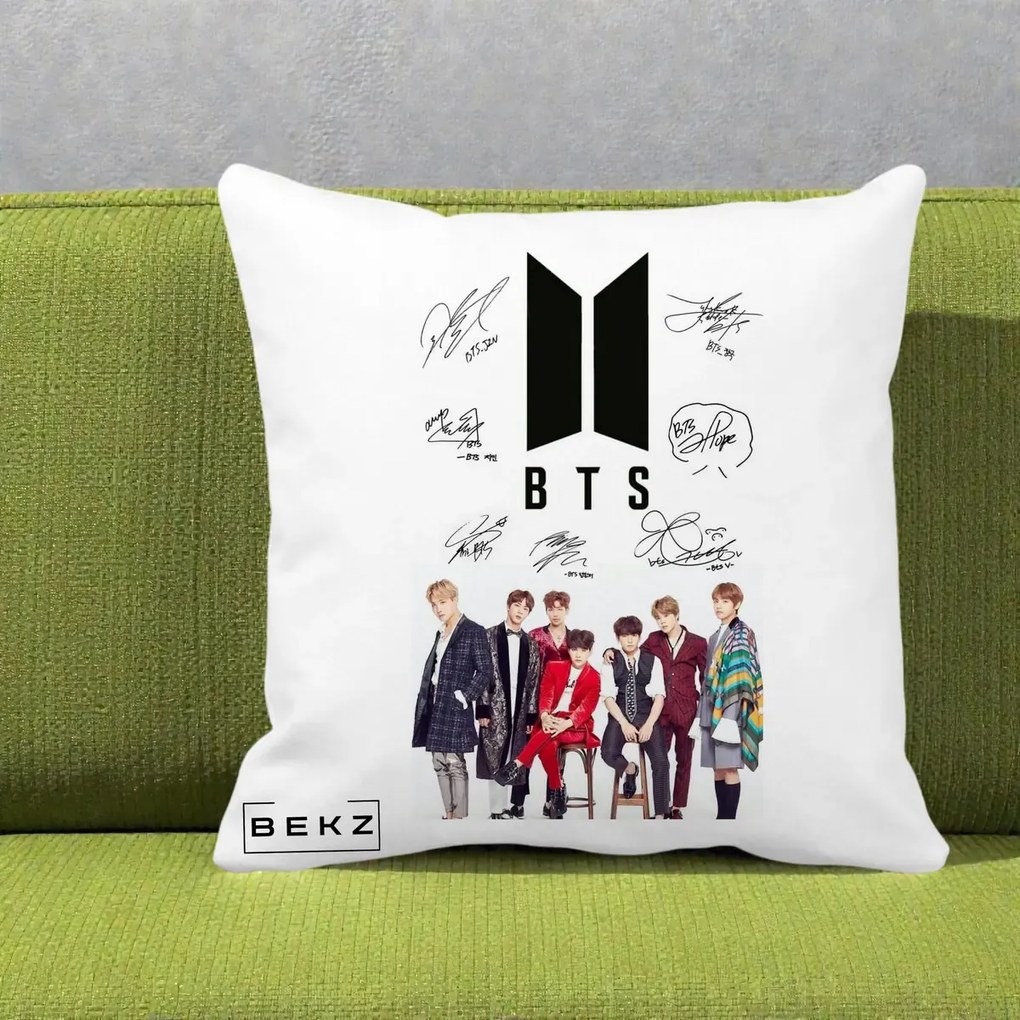 Perna Personalizata K-pop BTS Semnaturi Foto, 40x40 cm, Alba Mata, Husa Detasabila, Perna Inclusa, BEKZ®