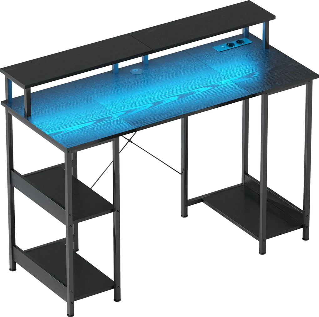 HOMCOM Birou Reversibil pentru Calculator cu Prize, Lumini LED, Suport Dublu și Rafturi Reglabile, 120x50x89,5 cm, Negru | Aosom Romania