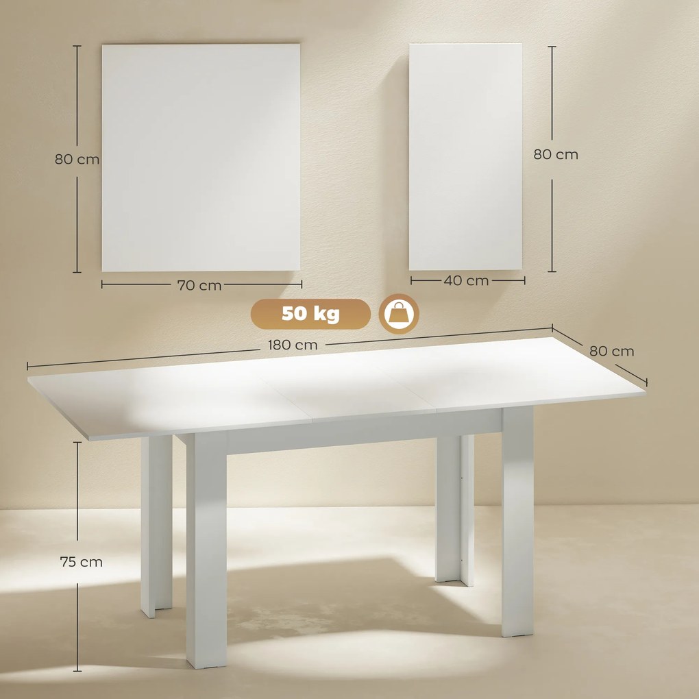 HOMCOM Masă extensibilă 140-180x80cm, albă, pentru 6-8 persoane, pentru spații mici | Aosom Romania