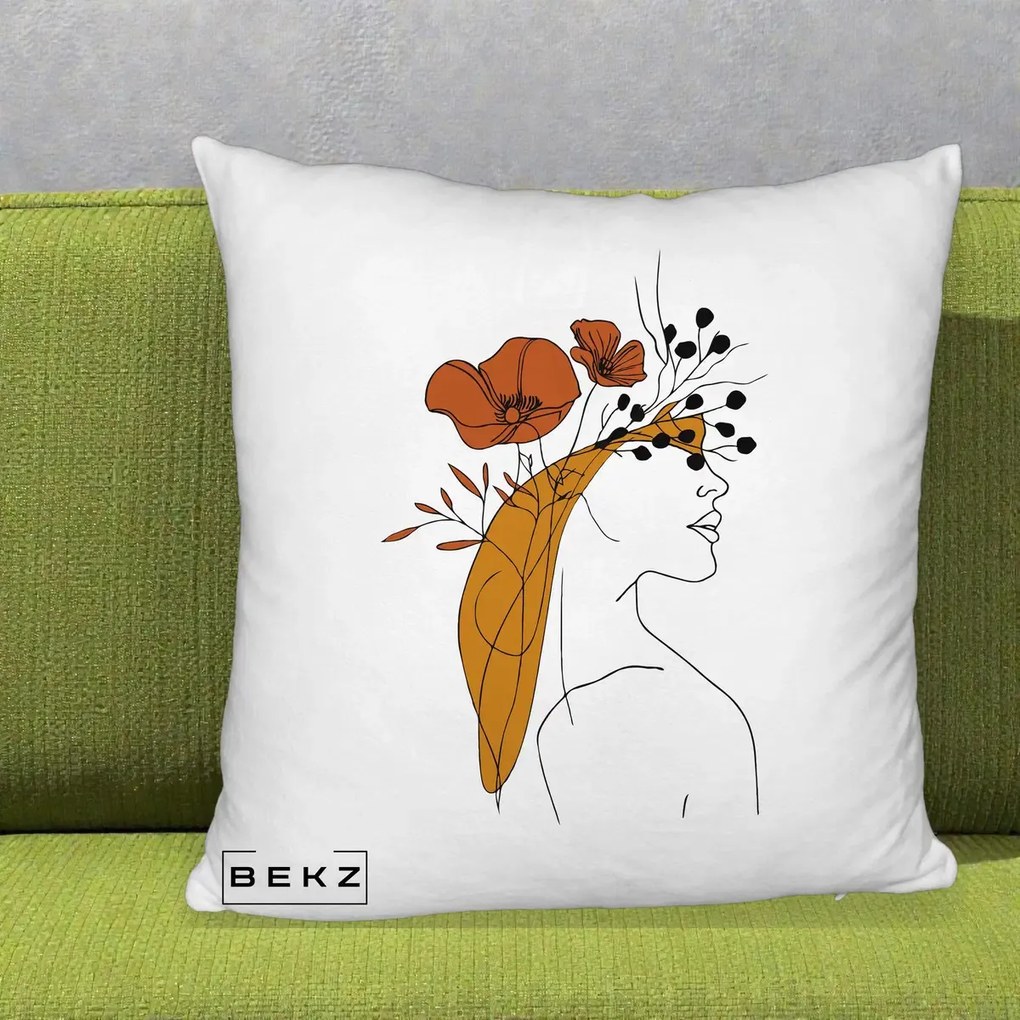 Perna Decorativa Portret Feminin Maci Rosii Auriu, 40x40 cm, Alb Pufos, Husa Detasabila, Perna Inclusa, BEKZ®