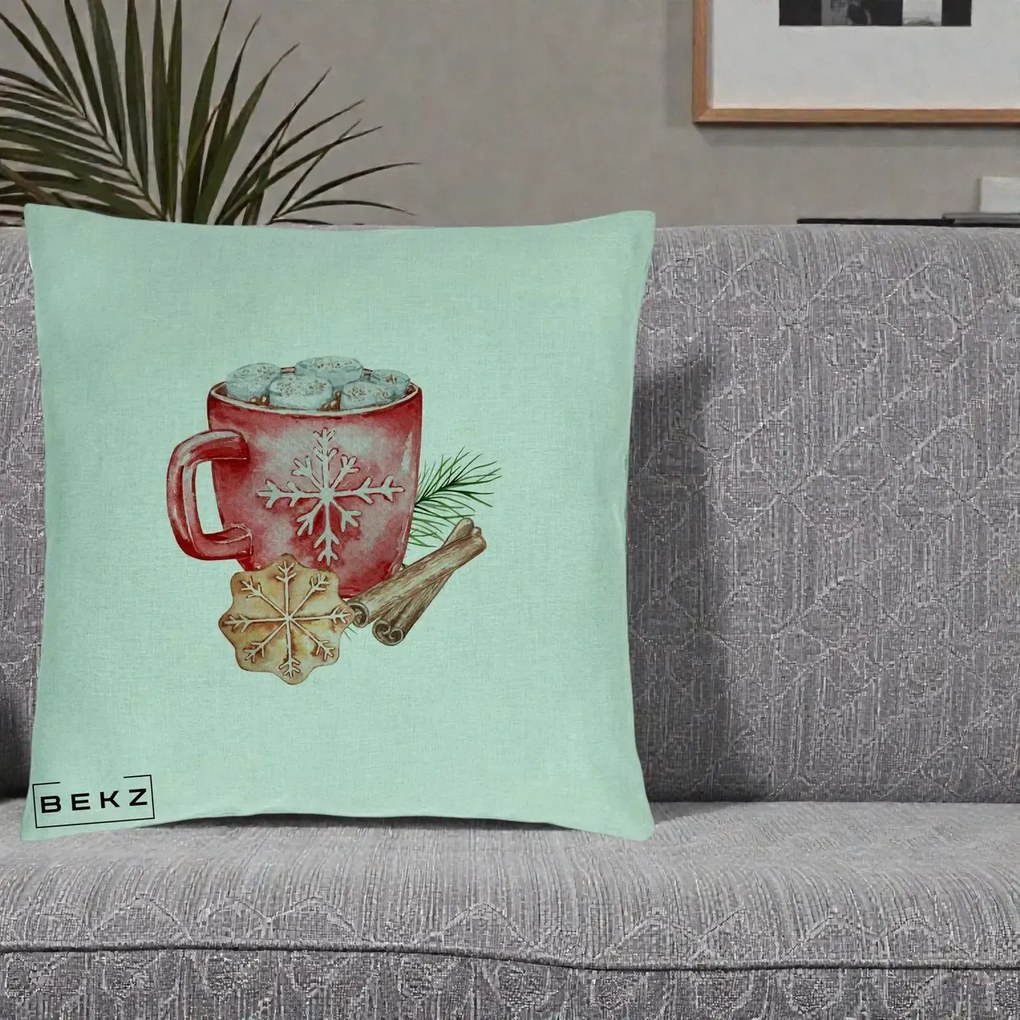 Perna Decorativa Cacao de Iarna cu Biscuit, 40x40 cm, Verde Menta, Husa Detasabila, Perna Inclusa, BEKZ®