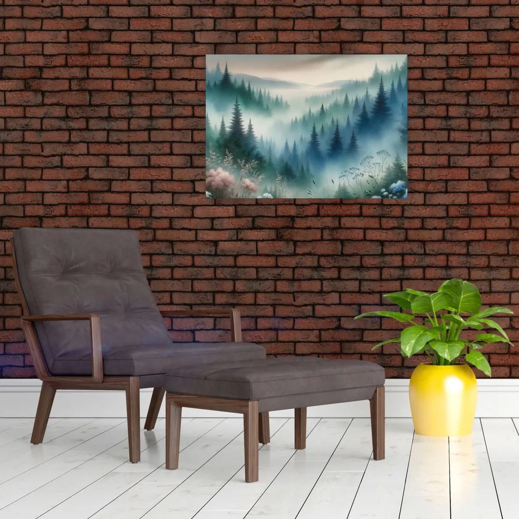 Tablou pe sticlă - Peisaj forestier cu ceață (70x50 cm)
