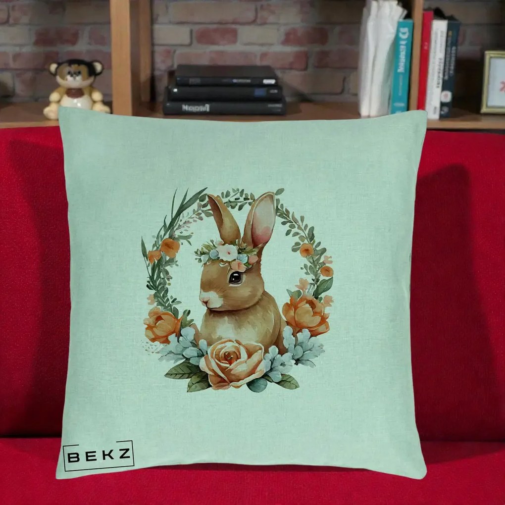 Perna Decorativa Iepuras Floral Coronita Acuarela, 40x40 cm, Verde Menta, Husa Detasabila, Perna Inclusa, BEKZ®