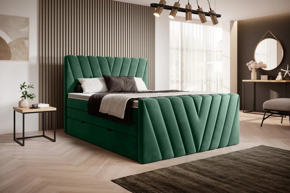 Pat tapitat, boxspring, cu spatiu pentru depozitare, 140x200 cm, Candice 3, Eltap (Culoare: Verde - Velvetmat 38)