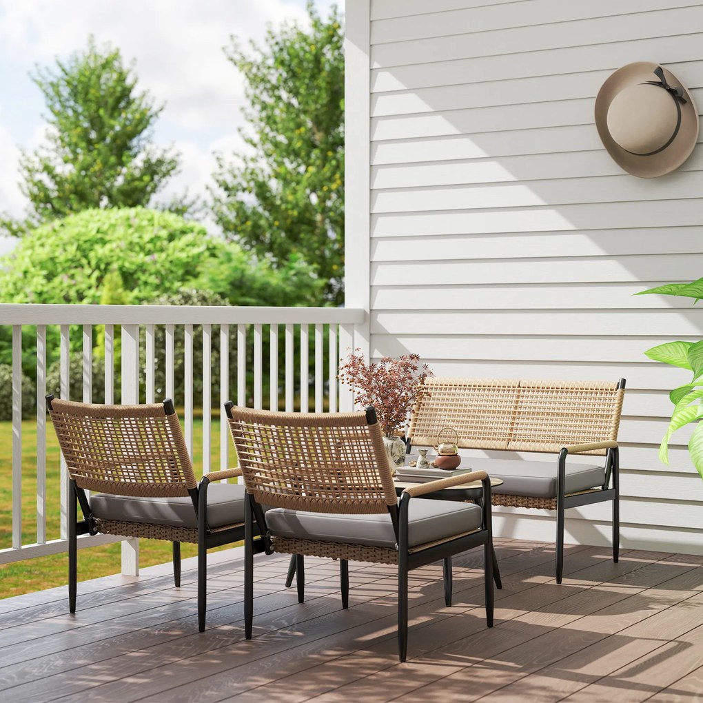 Outsunny Set de mobilier de grădină din rătan Set de lounge cu canapea dublă, fotoliu, masă cu geam, perne pentru 4 persoane, Gri închis+Galben | Aosom Romania