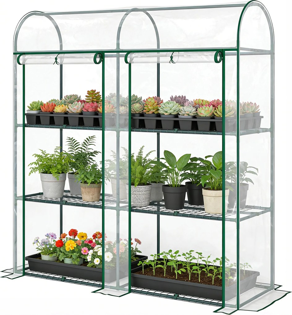 Outsunny Seră mică cu 3 nivele 2 uși rulante cadru din oțel husă din plastic 143x46x164 cm transparentă | Aosom Romania