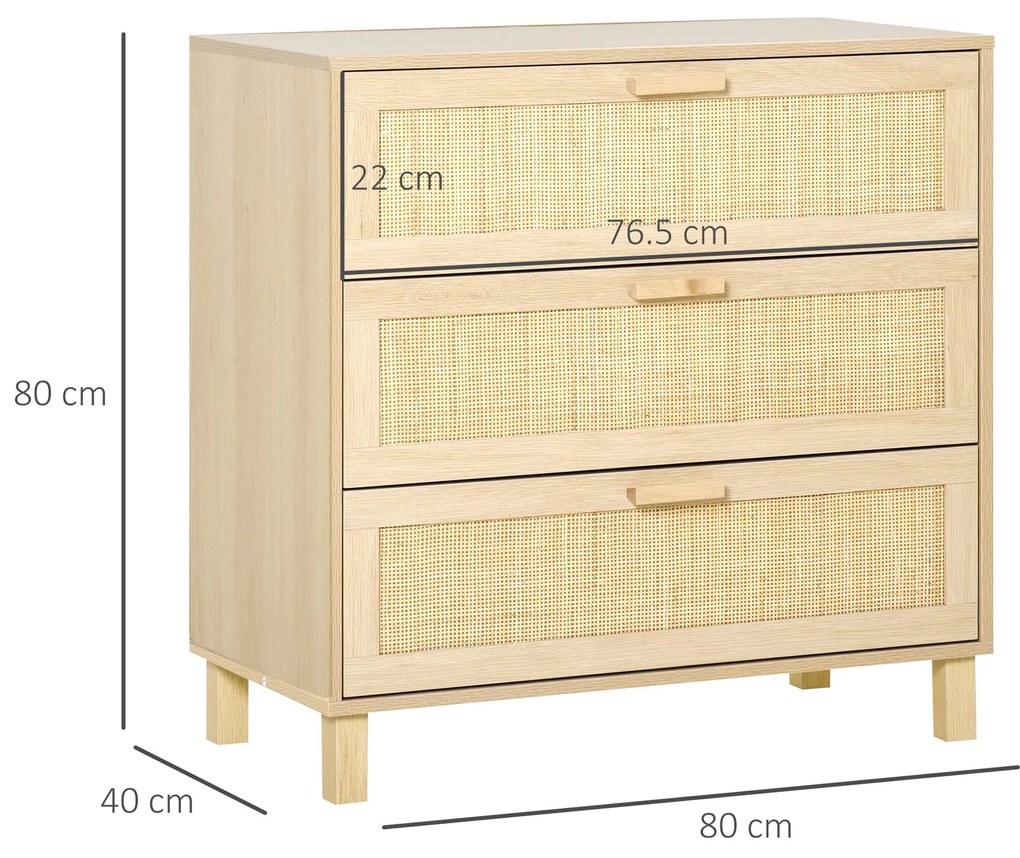 HOMCOM Casetiera cu 3 din lemn si ratan pentru camera de zi si dormitor, 80x40x80cm Culoare Lemn Natural | AOSOM.ro