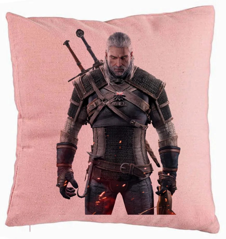 Perna Decorativa cu The Witcher 2, 40x40 cm, Roz, Husa Detasabila, Burduf