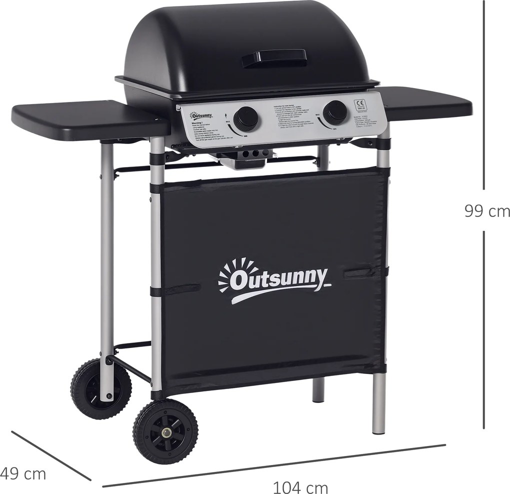 Outsunny Grătar pe gaz cu 2 arzătoare din oțel inoxidabil, putere 2,8 kW, grătar de grădină cu 2 grătare, 104 x 49 x 99 cm, negru | Aosom Romania