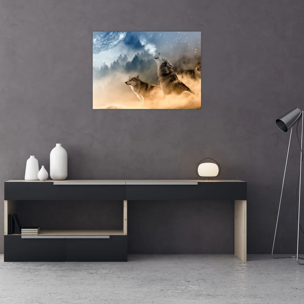 Tablou pe sticlă - lupii urlând la lună (70x50 cm)