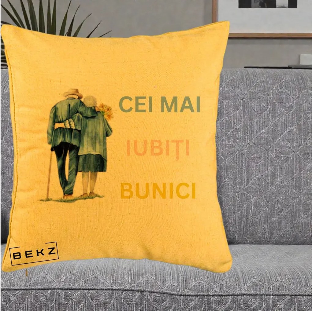 Cadou pentru Bunici - Perna Personalizata Cei Mai Iubiti Bunici Acuarela Spate, 40x40 cm, Galben, Husa Detasabila, Perna Inclusa, BEKZ®