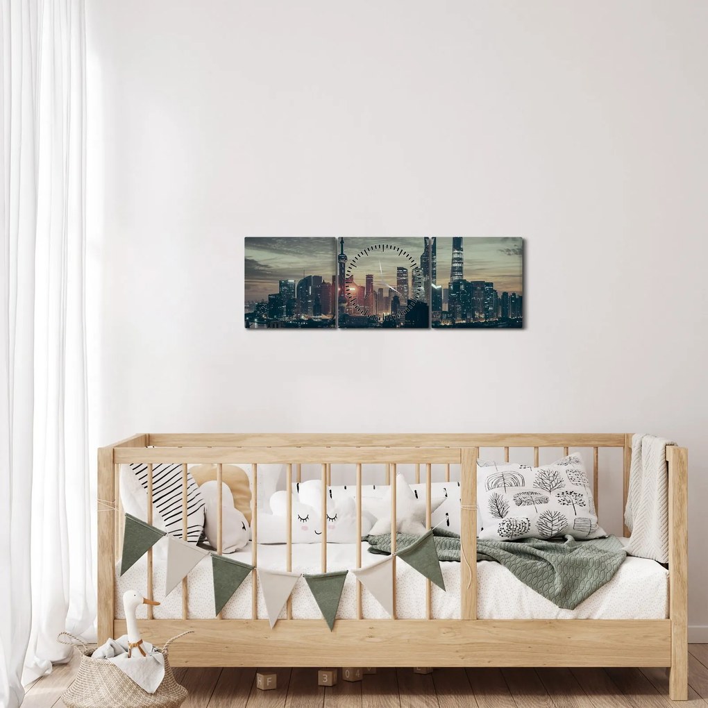 Tablou cu orașul în amurg (cu ceas) (90x30 cm)
