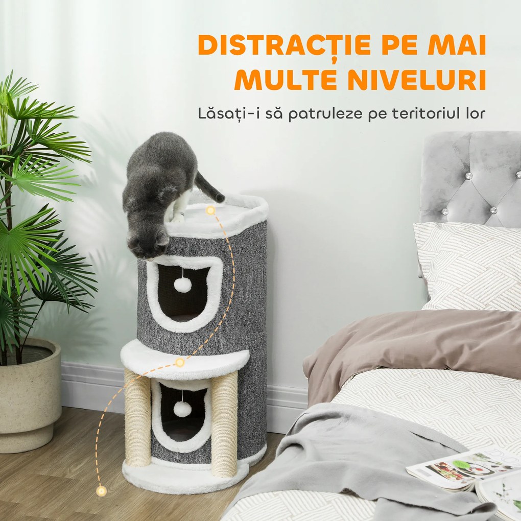 PawHut Ansamblu de joacă pentru pisici, 76 cm înălțime, cu culcușuri, pat și mingi, Gri | Aosom Romania