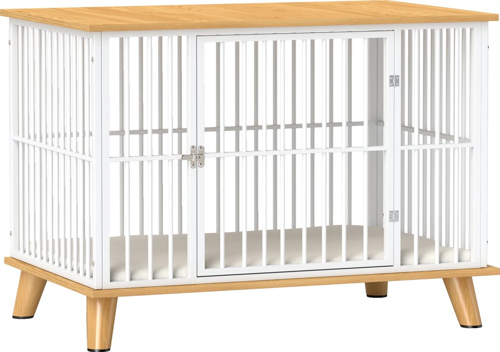 PawHut Cușcă pentru câini cu ușă cu închidere, pernă detașabilă, bună ventilație, oțel, 86x60x70 cm, Alb+Gri | Aosom Romania