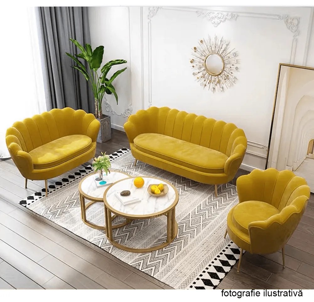 Fotoliu în stil Art-deco, catifea Velvet muştar/crom auriu, NOBLIN NEW