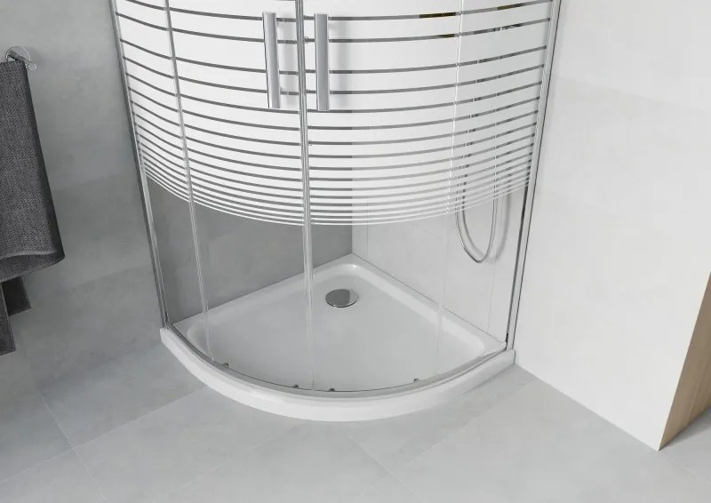 Mexen Rio cabina de duș semirotundă 90 x 90 cm, dungi albe, crom + cadă Flat, alb - 863-090-090-01-20-4110