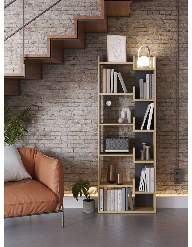 Bibliotecă neagră/în culoare naturală cu aspect de lemn de stejar 60,5x162 cm Klapo – Marckeric