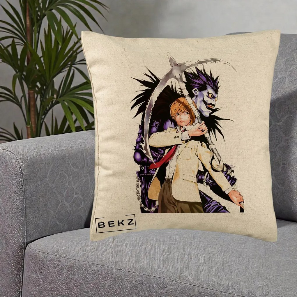 Perna Personalizata Death Note Light si Ryuk Duo, 40x40 cm, Bej, Husa Detasabila, Perna Inclusa, BEKZ®