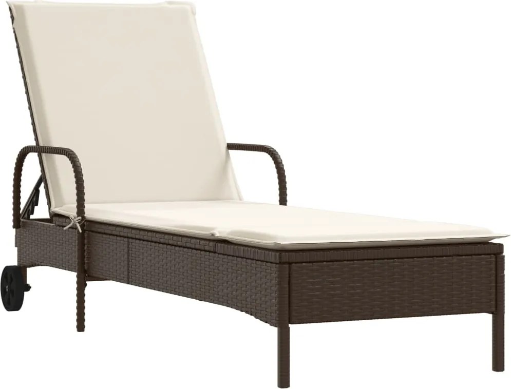 vidaXL Șezlong de plajă cu roți și pernă, maro, poliratan