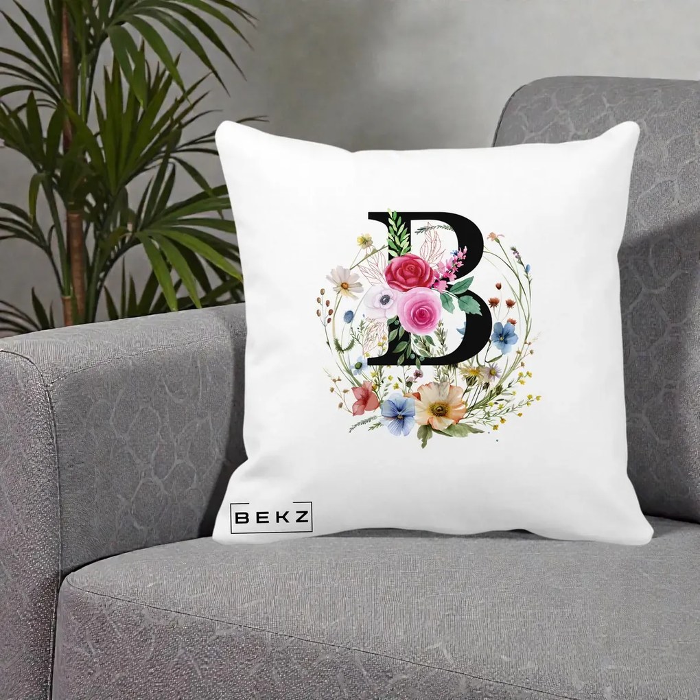 Cadou Personalizat - Perna Personalizata Monogram Litera B cu Flori Acuarela, 40x40 cm, Alba Mata, Husa Detasabila, Perna Inclusa, BEKZ®