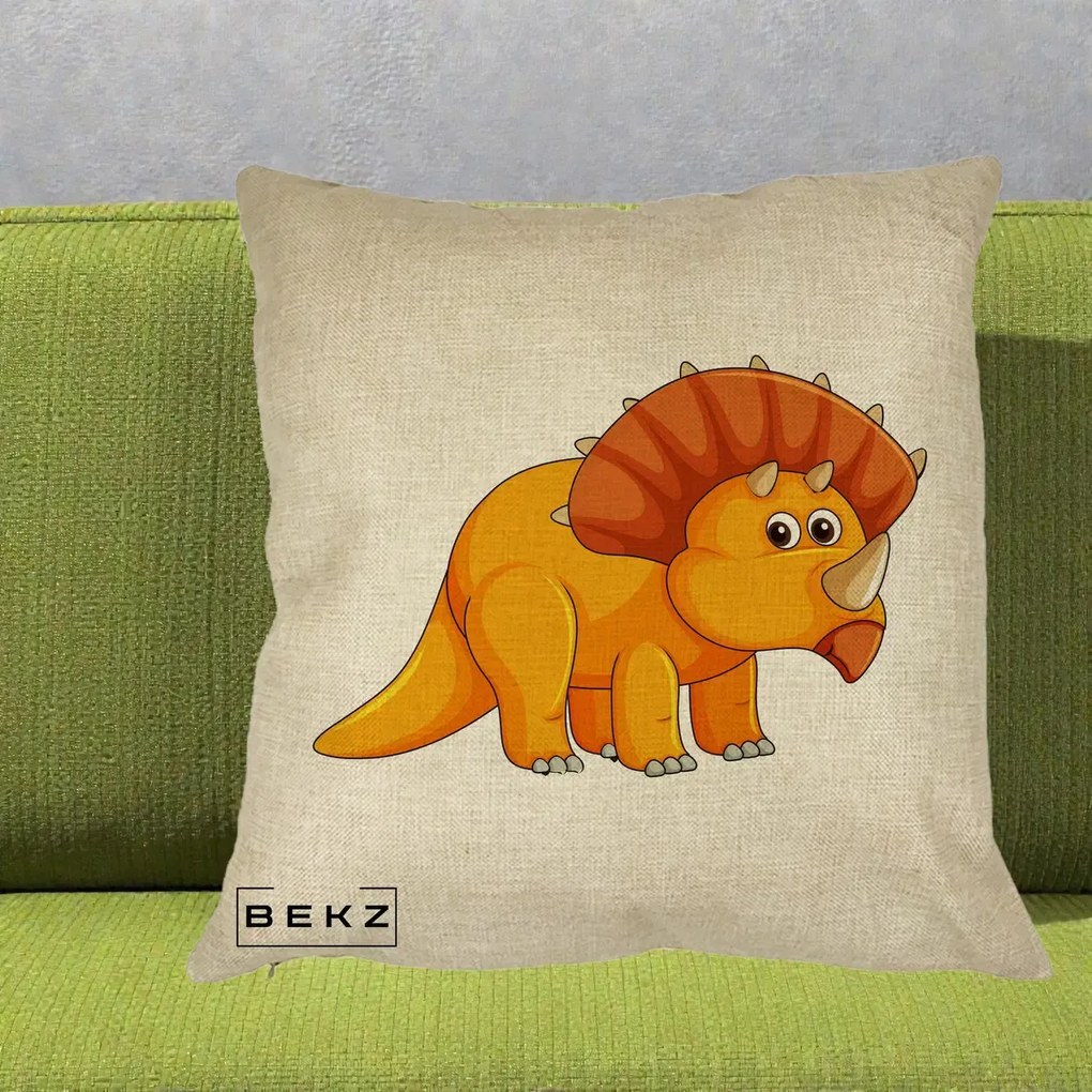Perna Decorativa Triceratops Portocaliu, 40x40 cm, Crem, Husa Detasabila, Perna Inclusa, BEKZ®