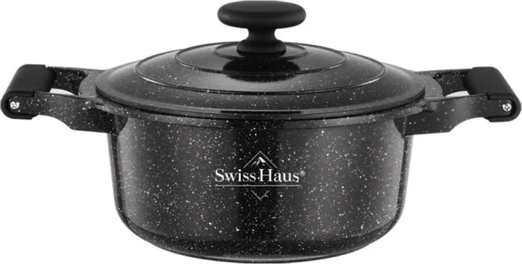Oala cu capac Swiss Haus SH-MC28B, 7,1 l, 28 cm, Acoperire ceramica Sapphire, Cuptor pana la 220°C, Toate plitele inclusiv inductie, Negru