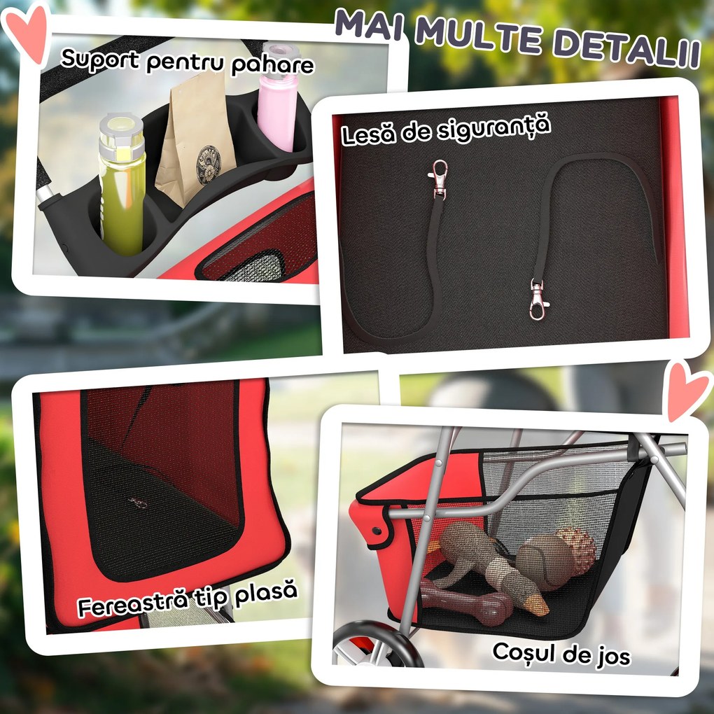 PawHut Cărucior pentru Câini Pliabil cu Benzi Reflectorizante, Roți Rotative, Frâne și Pernuță Lavabilă, Roșu | Aosom Romania