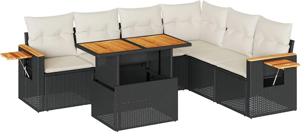 vidaXL Set canapele grădină perne 7 piese negru, poliratan/lemn acacia