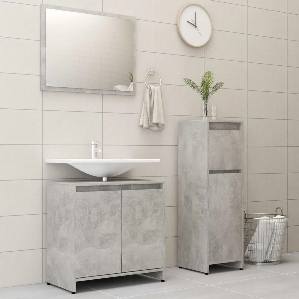 Set mobilier baie, 3 piece, gri beton, lemn prelucrat