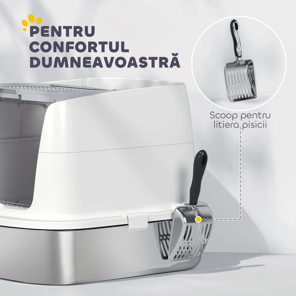 PawHut Litieră pentru pisici cu 2 intrări, deodorant și lopățică, Alb | Aosom Romania