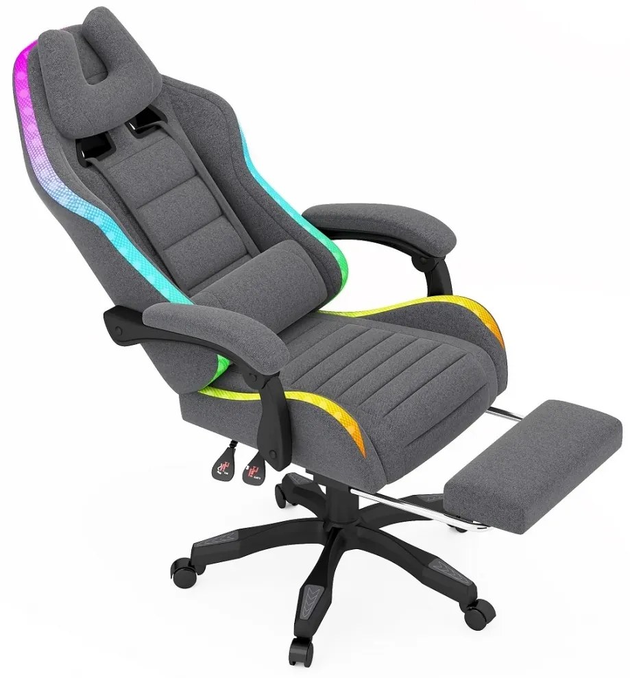 RESIGILAT- Scaun gaming, sistem iluminare bandă LED RGB, suport picioare, material textil, Gri