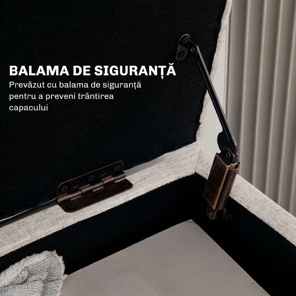 HOMCOM bancă cu spațiu de depozitare 110 x 39 x 45 cm din material cu aspect de in, picioare din lemn de cauciuc, capacitate 220 kg, bej | Aosom Romania