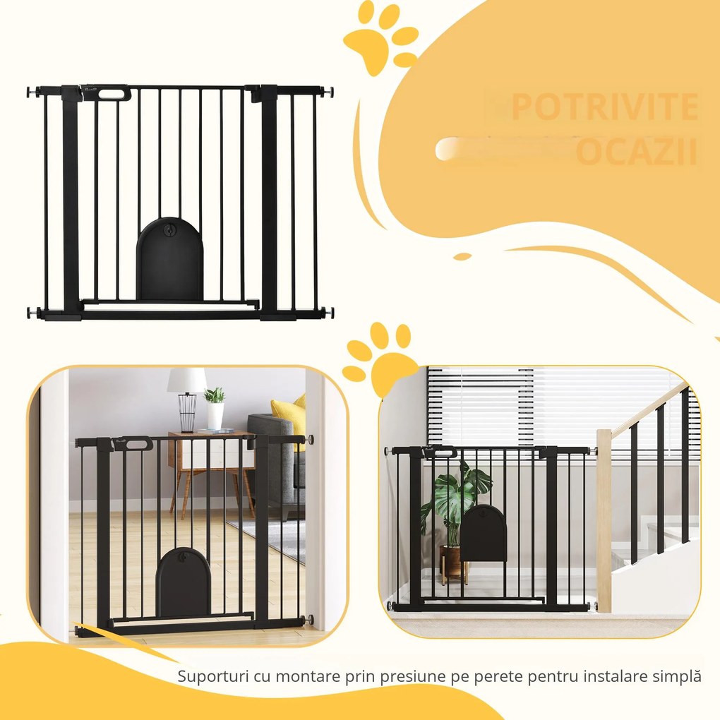 PawHut Barieră Reglabilă pentru Câini cu Ușă Mică, Montare prin Presiune și Închidere Automată, 75-103x76 cm, Negru | Aosom Romania