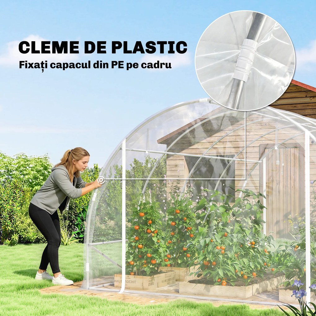 Outsunny Seră de Grădină Tip Tunel 3x4x2 m cu 2 Uși Rulabile, Seră pentru Grădină cu 4 Suporturi Diagonale, Cadru din Oțel și Acoperiș din PE, pentru Legume, Flori, Fructe, Anti-UV, Transparentă | Aosom Romania