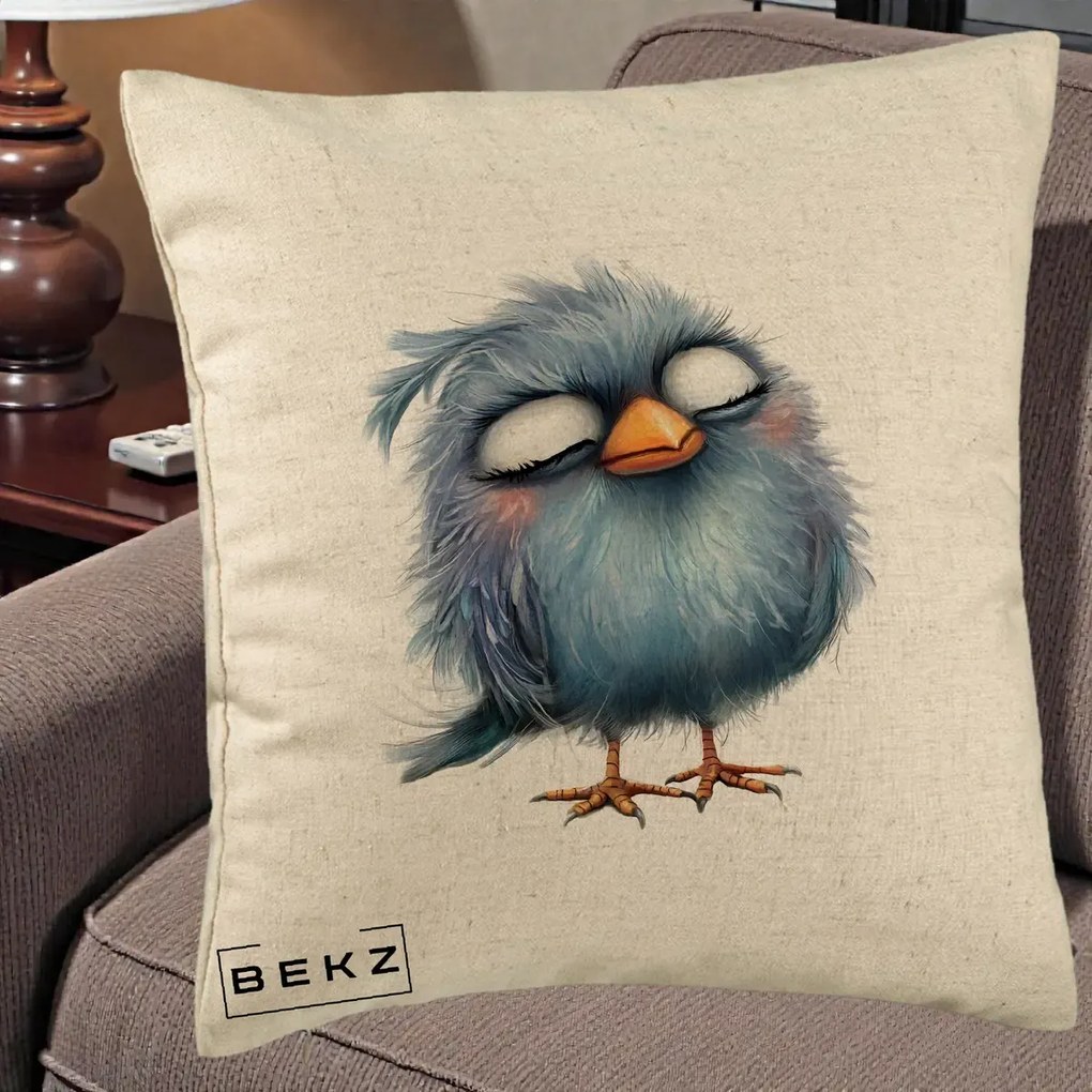 Perna Decorativa Pui Pufos Albastru Adormit, 40x40 cm, Bej, Husa Detasabila, Perna Inclusa, BEKZ®