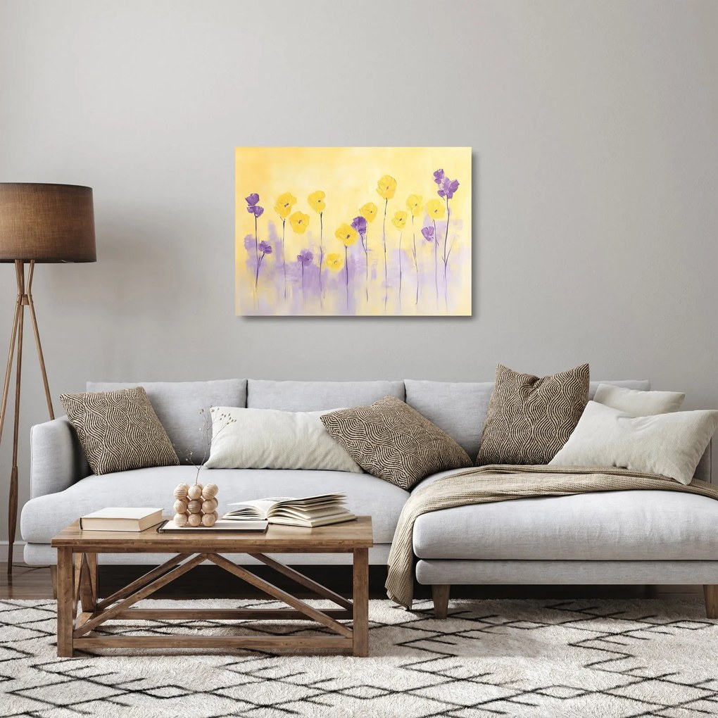 Tablou pe sticlă - Flori mov și galbene (70x50 cm)