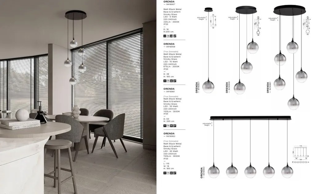 Lustra moderna cu 5 pendule LED, Metal, Sticla, Fumuriu, ORENDA