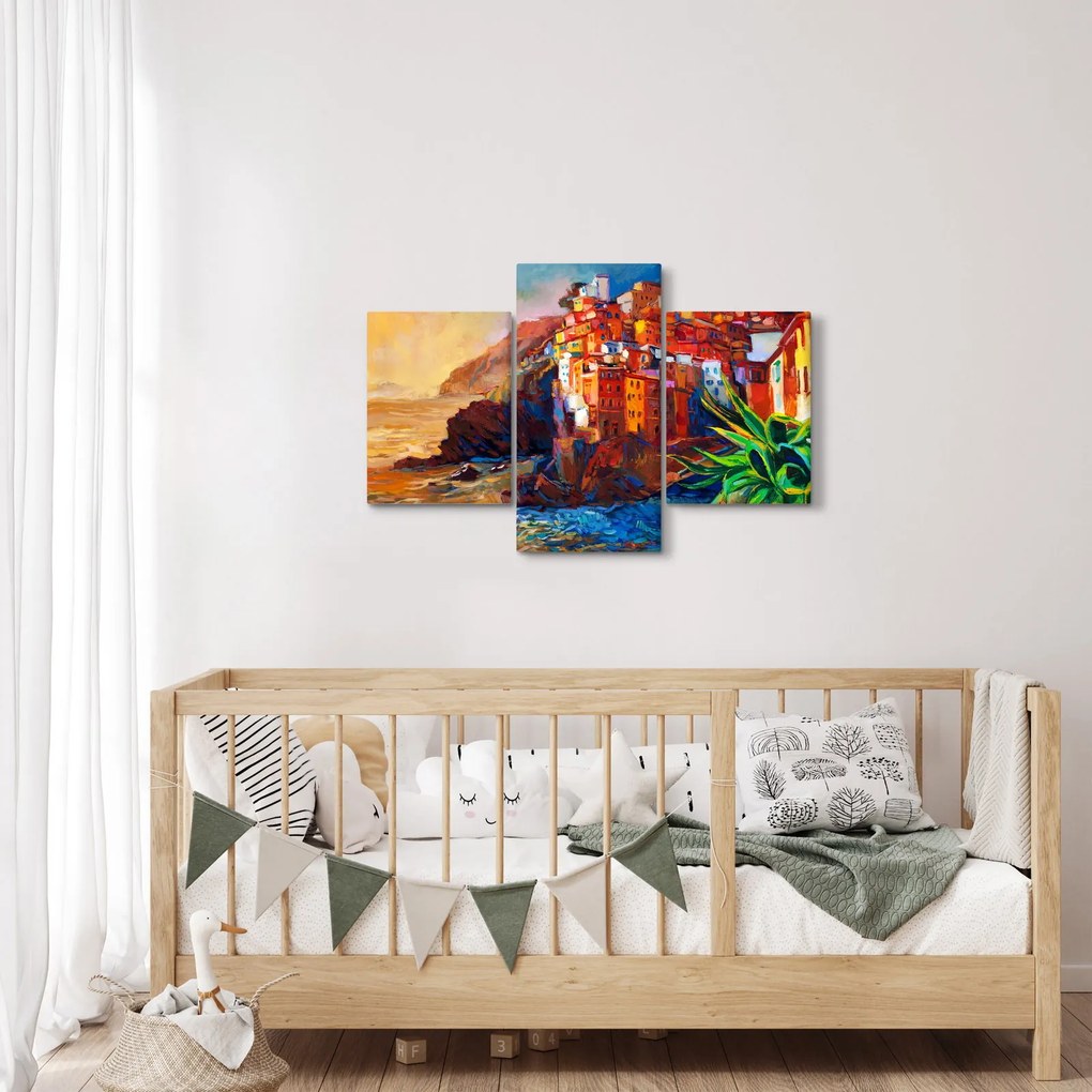Tablou - Satul de coastă Cinque Terre, Riviera italiană, impresionismul modern (90x60 cm)