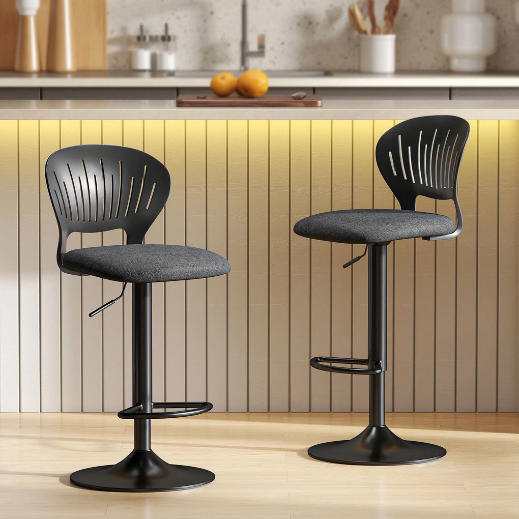 Set HOMCOM de 2 Scaune de Bar Reglabile, Scaune de Bucătărie Înalte din Țesătură Tip In cu Spătar, Suport pentru Picioare și Scaun Moale, Structură din Metal, Scaune de Bar Rotative la 360°, Negru | Aosom Romania