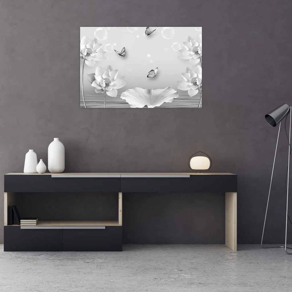 Tablou - Design flori și fluturi (90x60 cm)