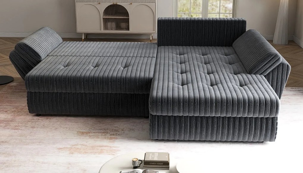 Colțar extensibil dumonde cu ladă de depozitare si sezut confortabil din spuma high-density, Loana Ambience Grey II 270x185 cm